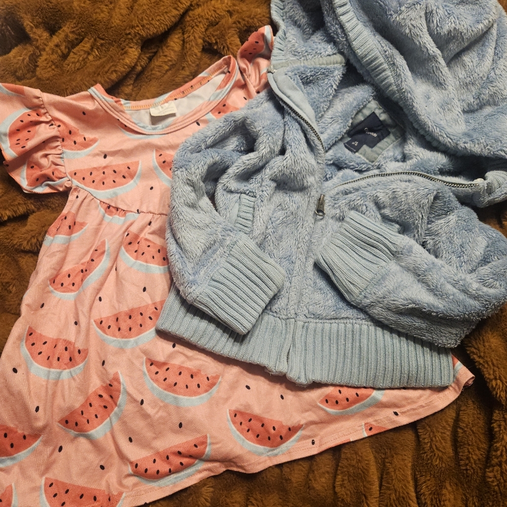 Watermelon Print Pink Kids Dress and Blue Hoodie Set